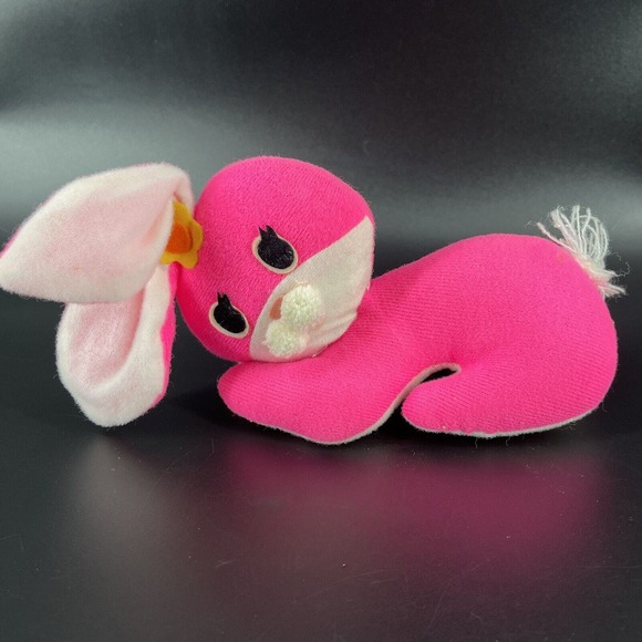 VTG 70s Era Pink & White Kitschy Bunny Rabbit Easter Plush Toy Stuffed Animal - Picture 1 of 15